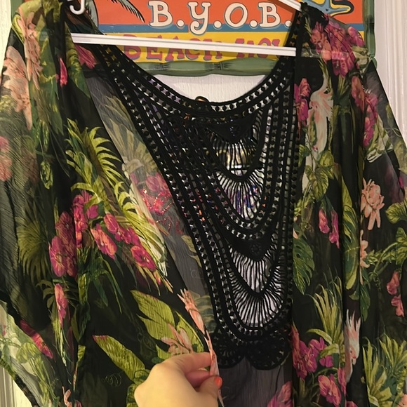 FLORAL TROPICAL MESH SEE-THROUGH KIMONO PONCHO CARDIGAN BOHO SWIMSUIT COVER - Picture 5 of 7